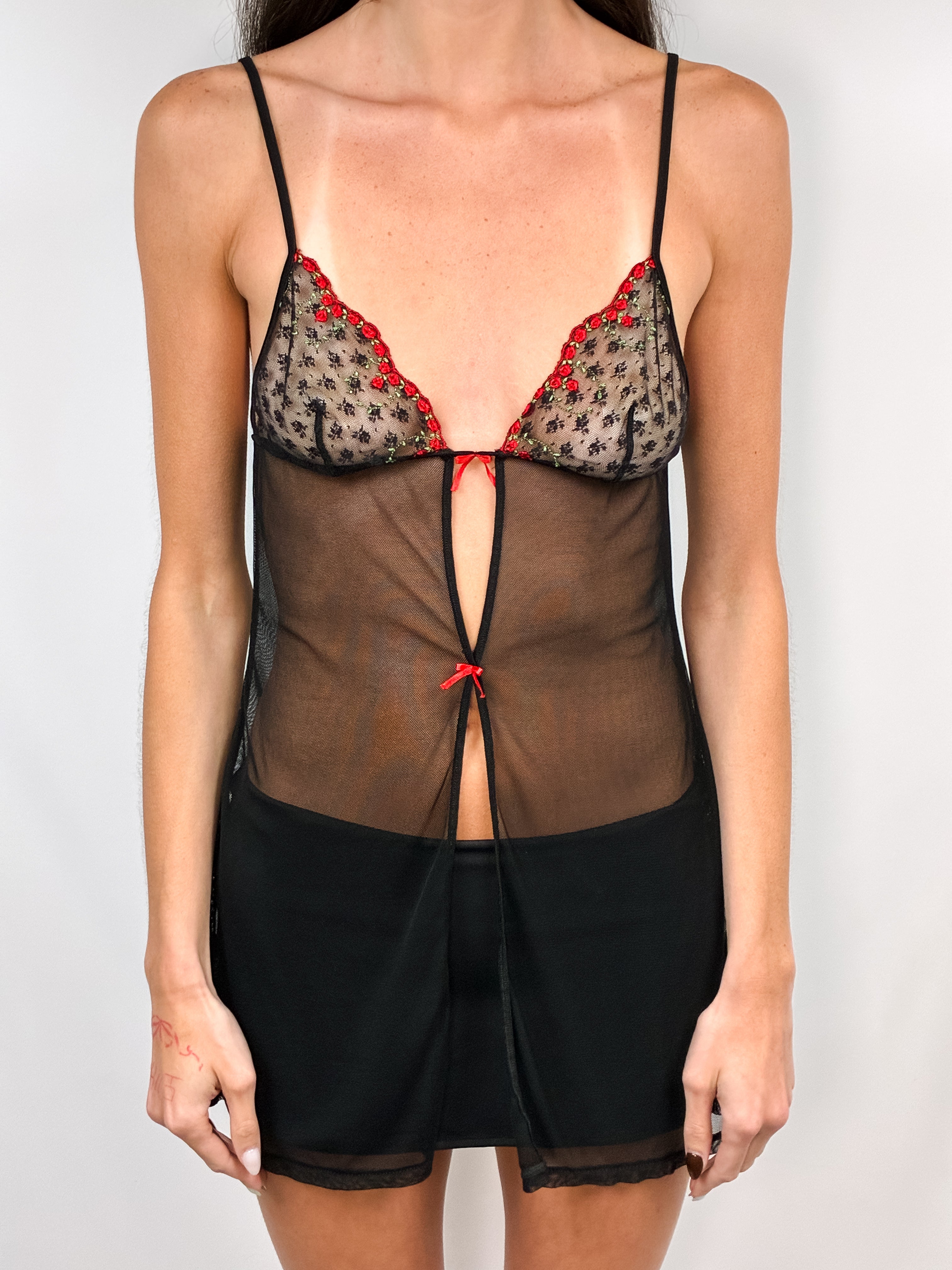 La Perla Occhi Verdi 2000s Black Mesh Rose Embroidered Babydoll - XS/S