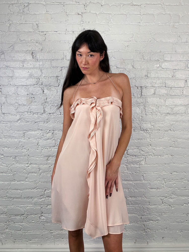 Blumarine 2000s Pink Silk Ruffle Halter Dress