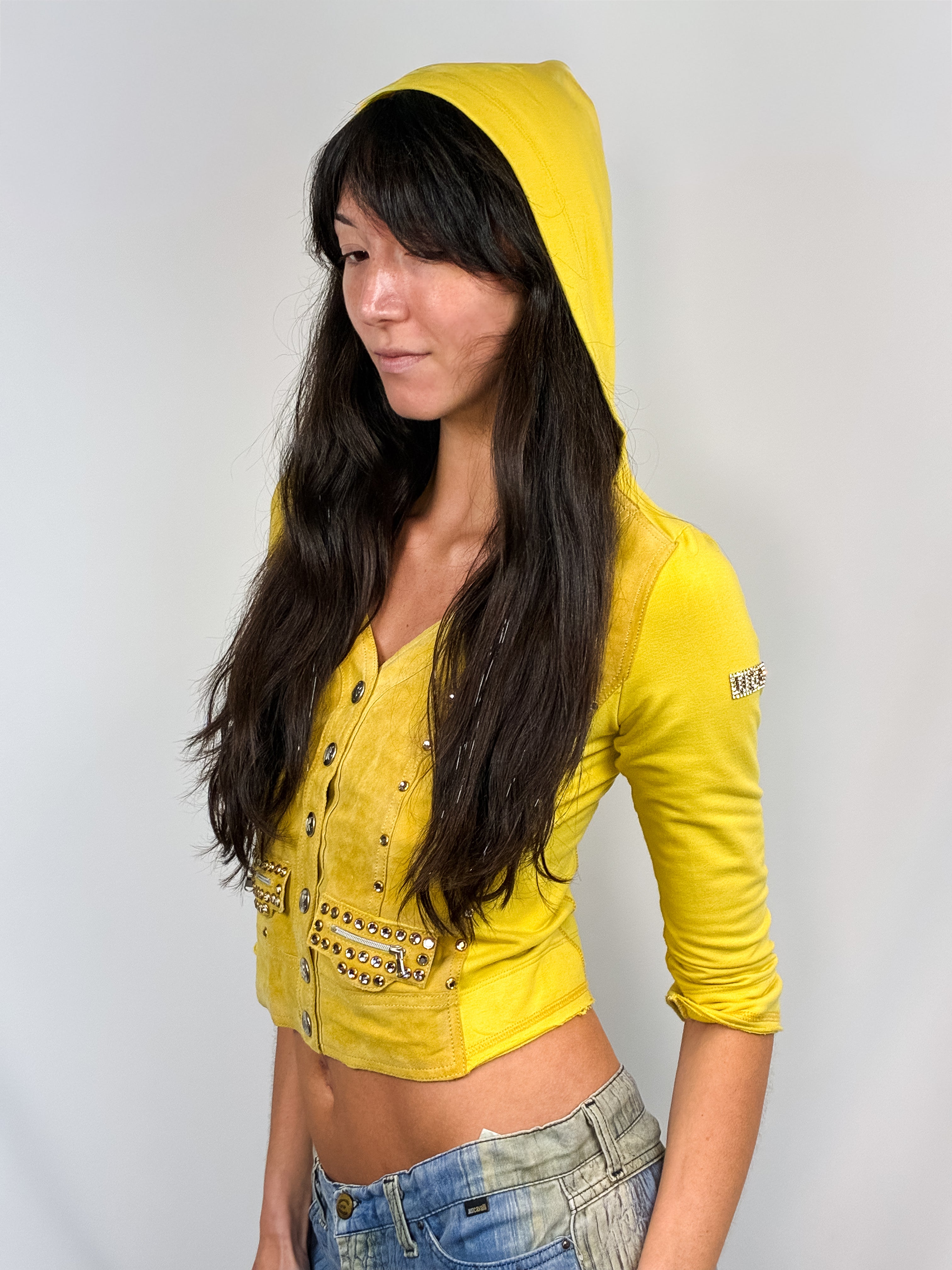 VDP Club 2000s Yellow Suede Panel Rhinestone Studded Hooded Jacket - S/M