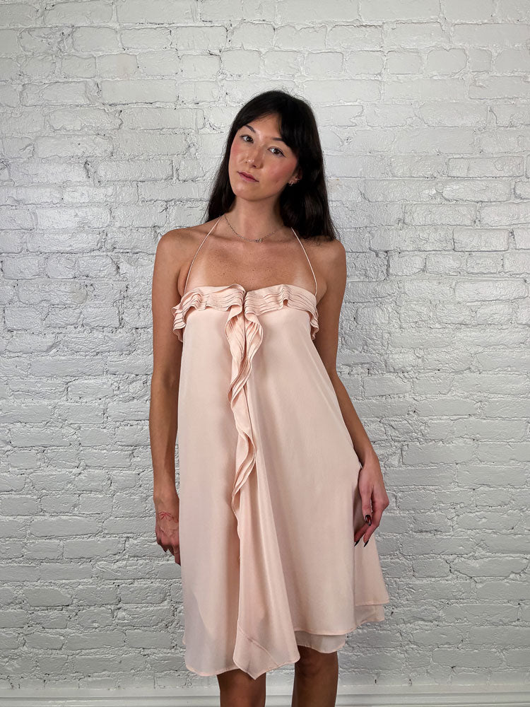 Blumarine 2000s Pink Silk Ruffle Halter Dress
