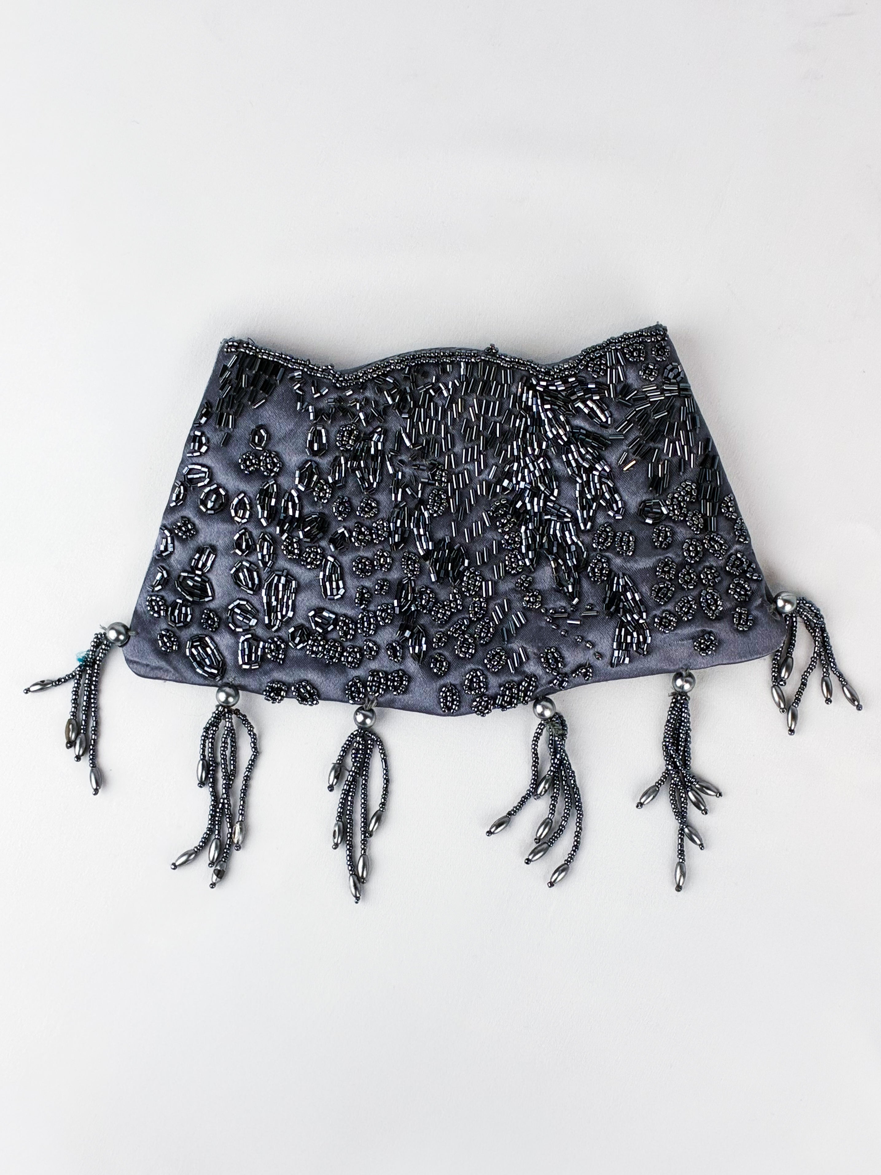 2000s Gunmetal Beaded Satin Tassel Evening Clutch