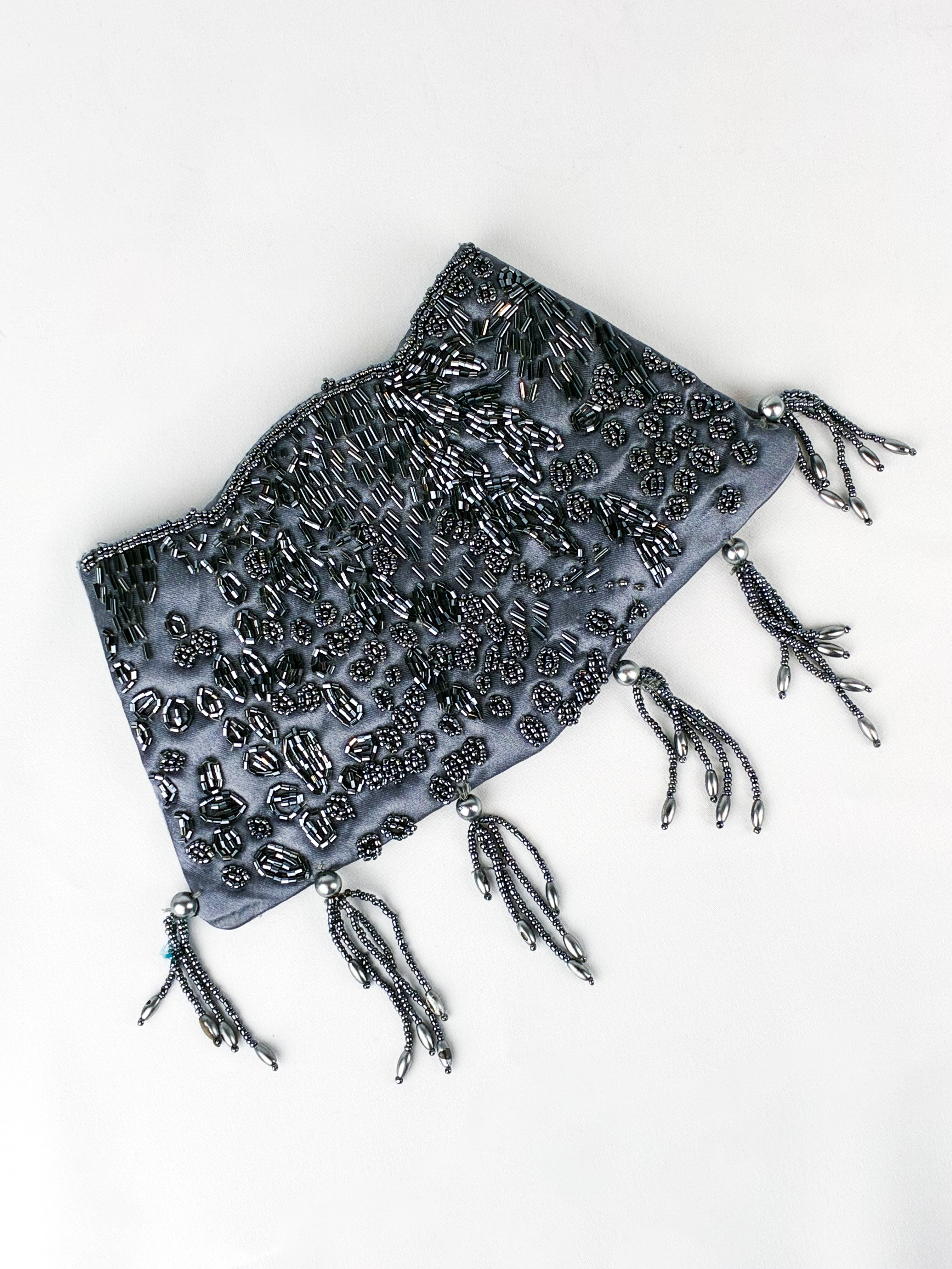 2000s Gunmetal Beaded Satin Tassel Evening Clutch