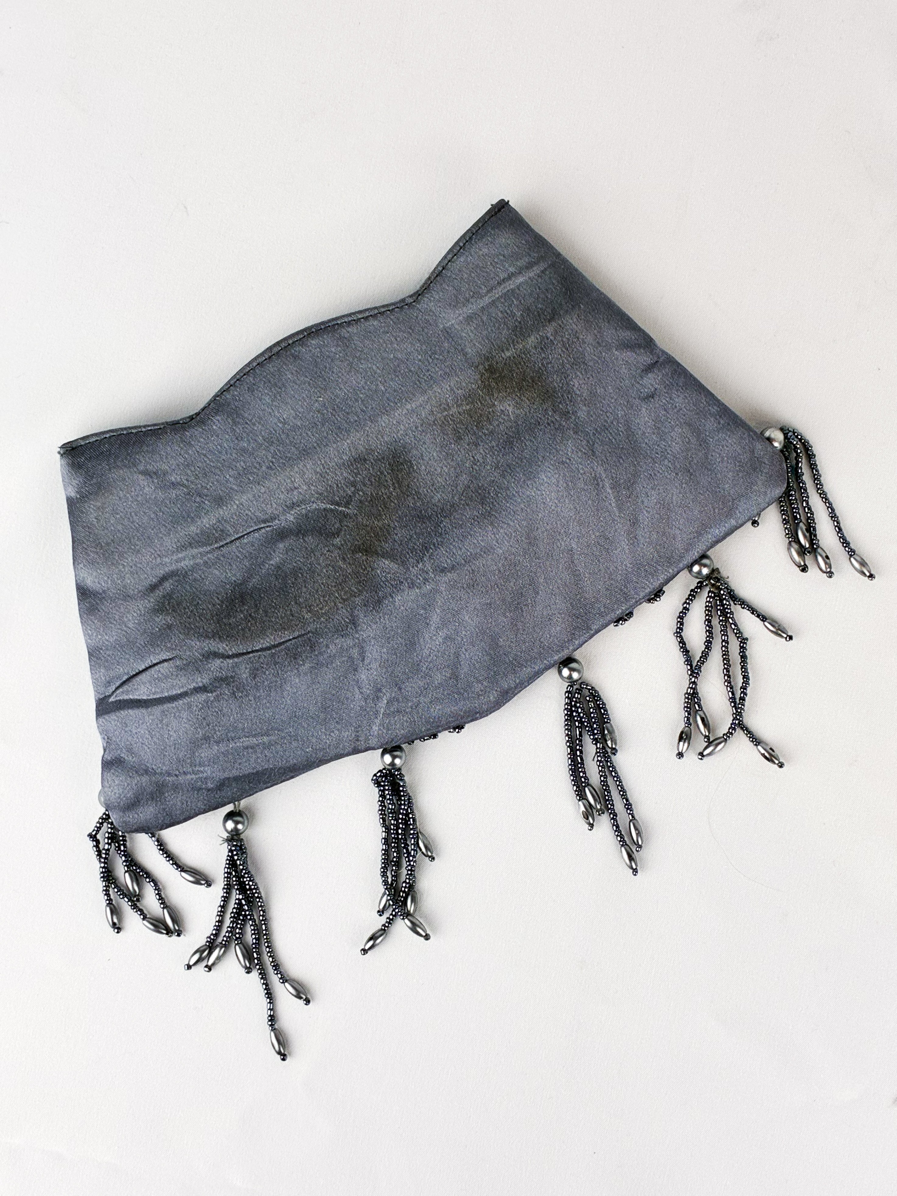 2000s Gunmetal Beaded Satin Tassel Evening Clutch