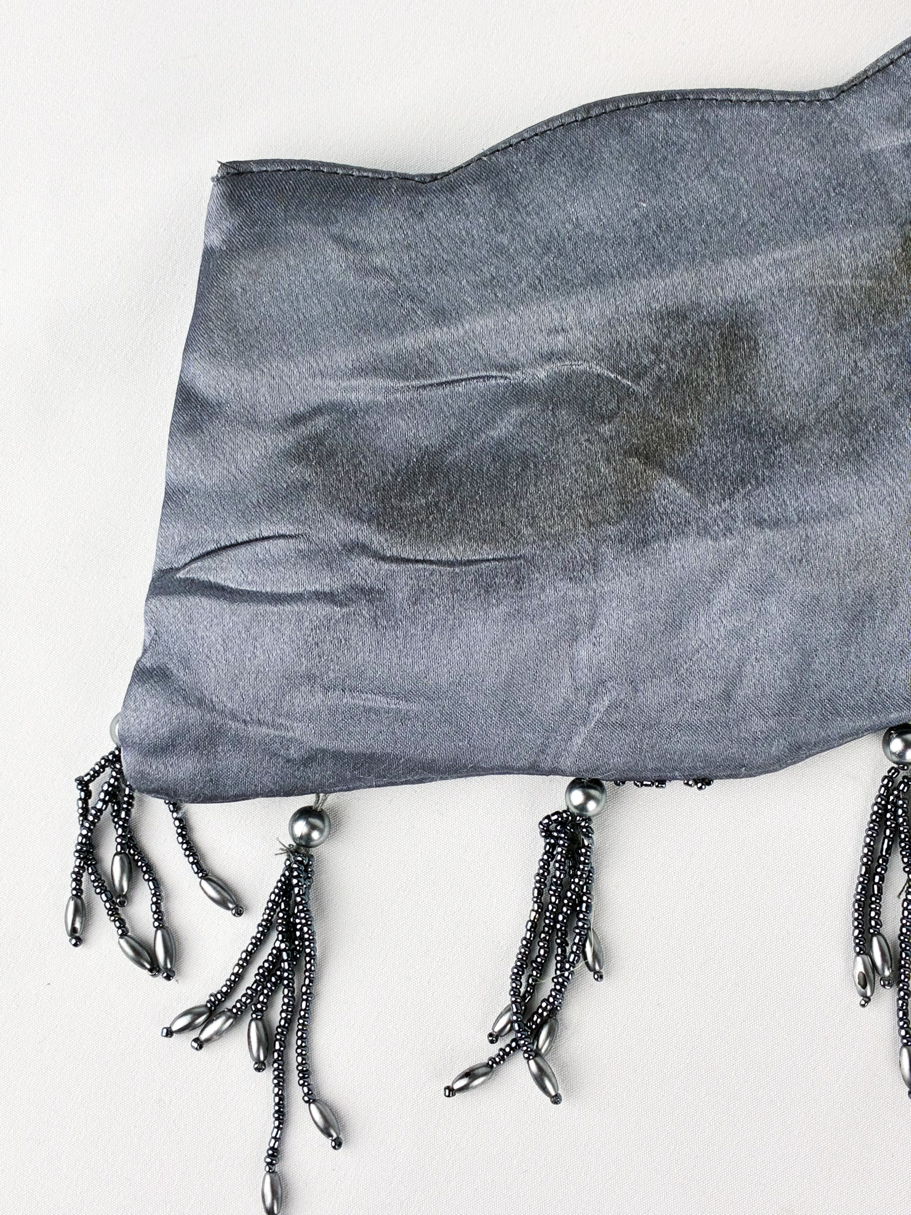 2000s Gunmetal Beaded Satin Tassel Evening Clutch