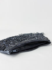 2000s Gunmetal Beaded Satin Tassel Evening Clutch