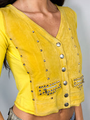VDP Club 2000s Yellow Suede Panel Rhinestone Studded Hooded Jacket - S/M