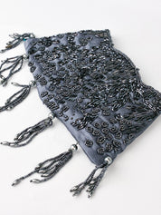2000s Gunmetal Beaded Satin Tassel Evening Clutch