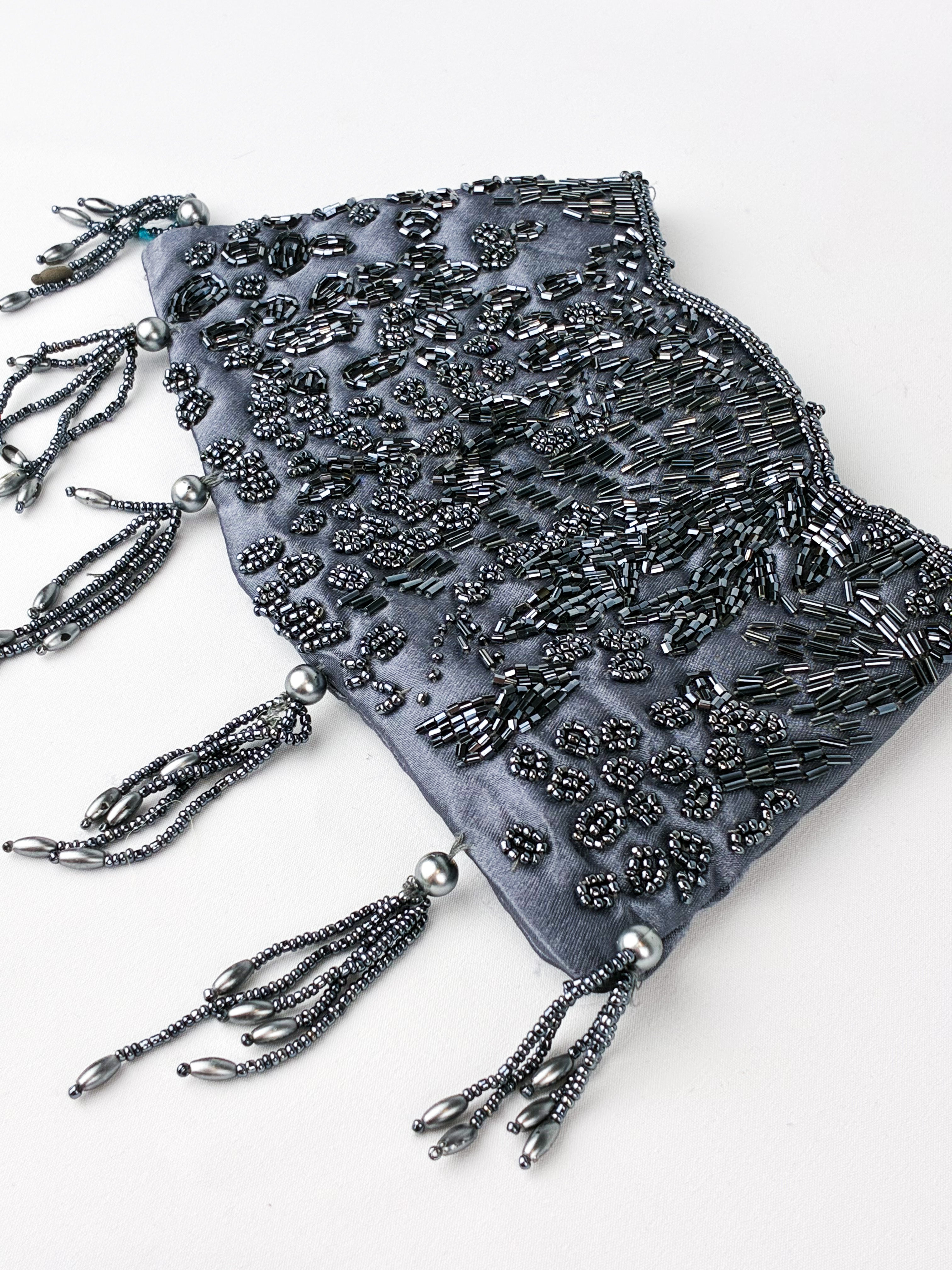 2000s Gunmetal Beaded Satin Tassel Evening Clutch