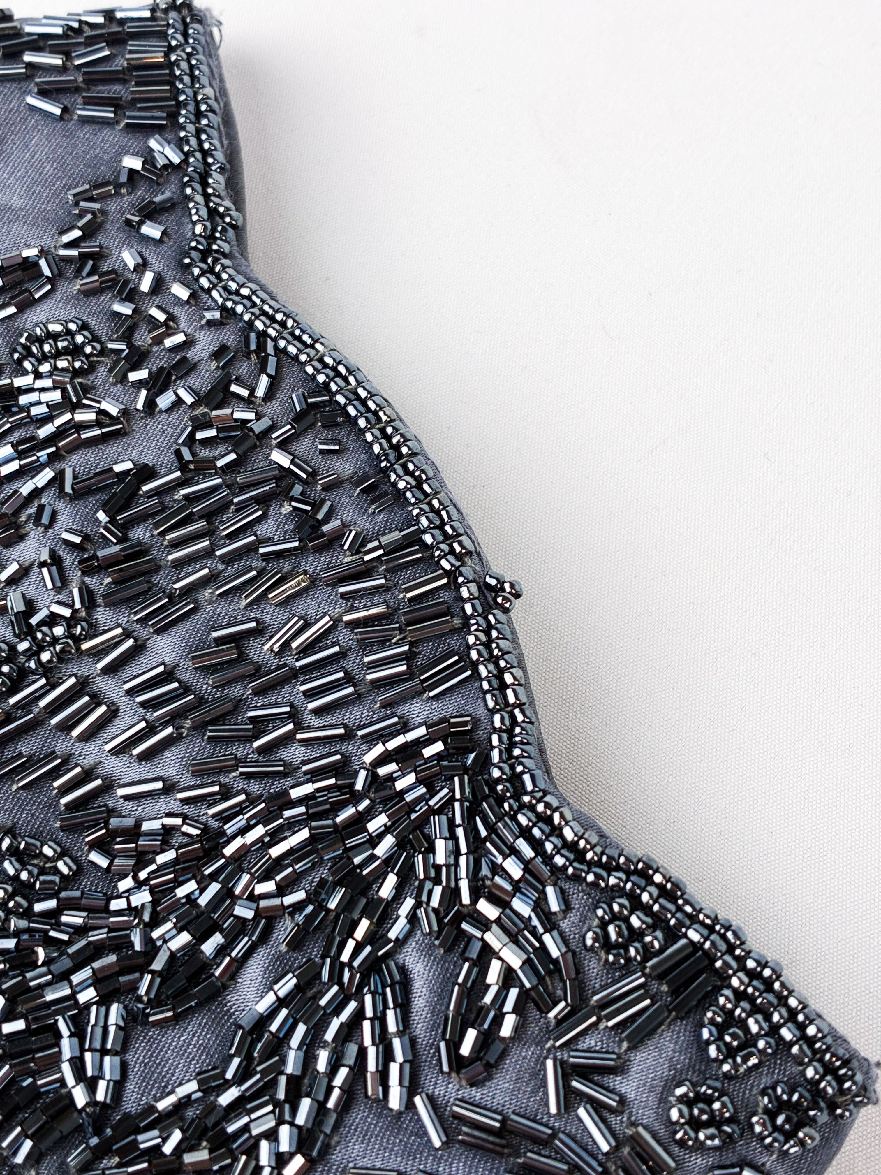 2000s Gunmetal Beaded Satin Tassel Evening Clutch