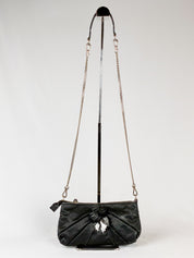 Mariella Burani 2000s Black Satin Leather Rosette Chain Shoulder Bag