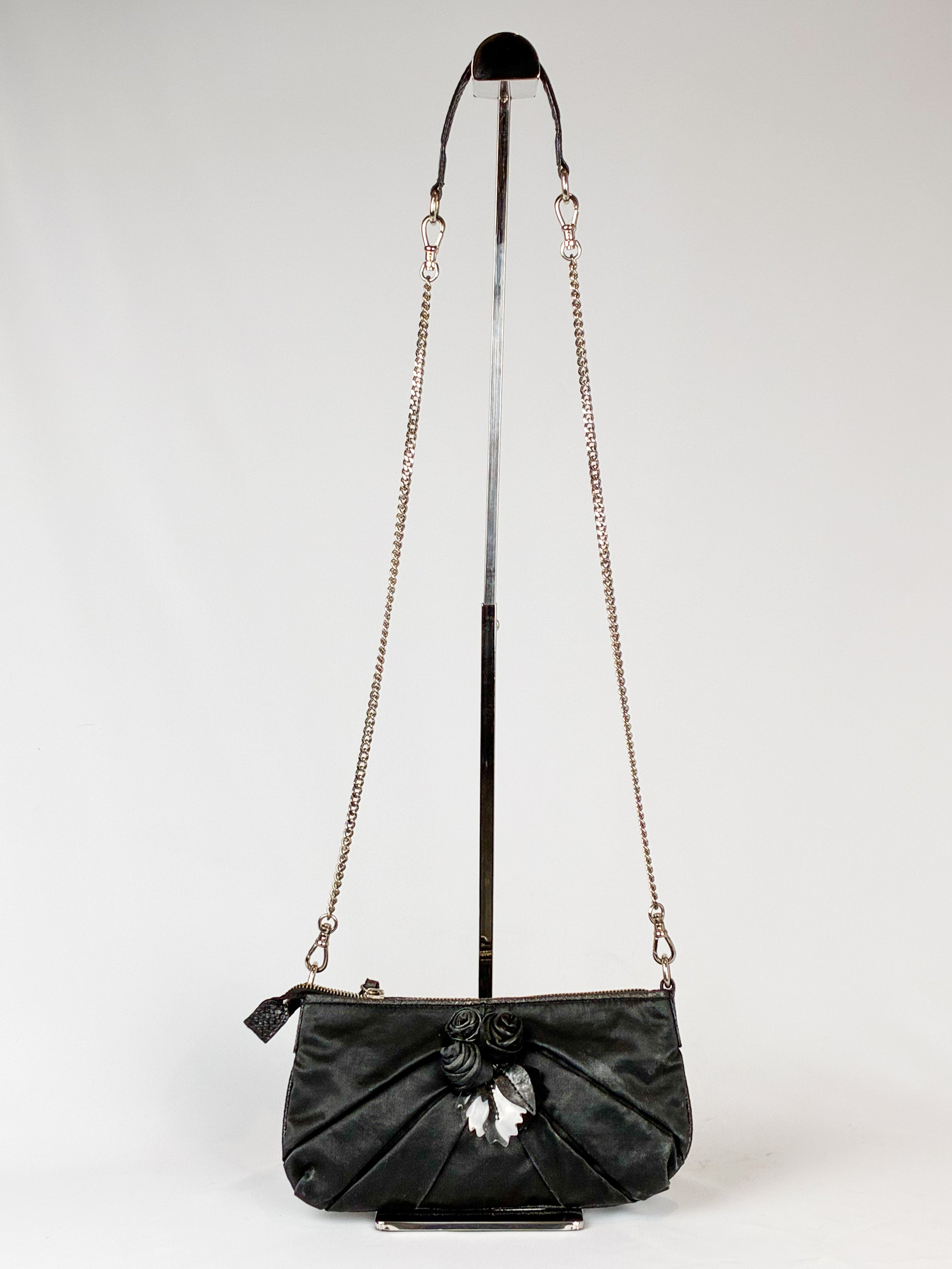 Mariella Burani 2000s Black Satin Leather Rosette Chain Shoulder Bag