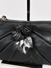 Mariella Burani 2000s Black Satin Leather Rosette Chain Shoulder Bag