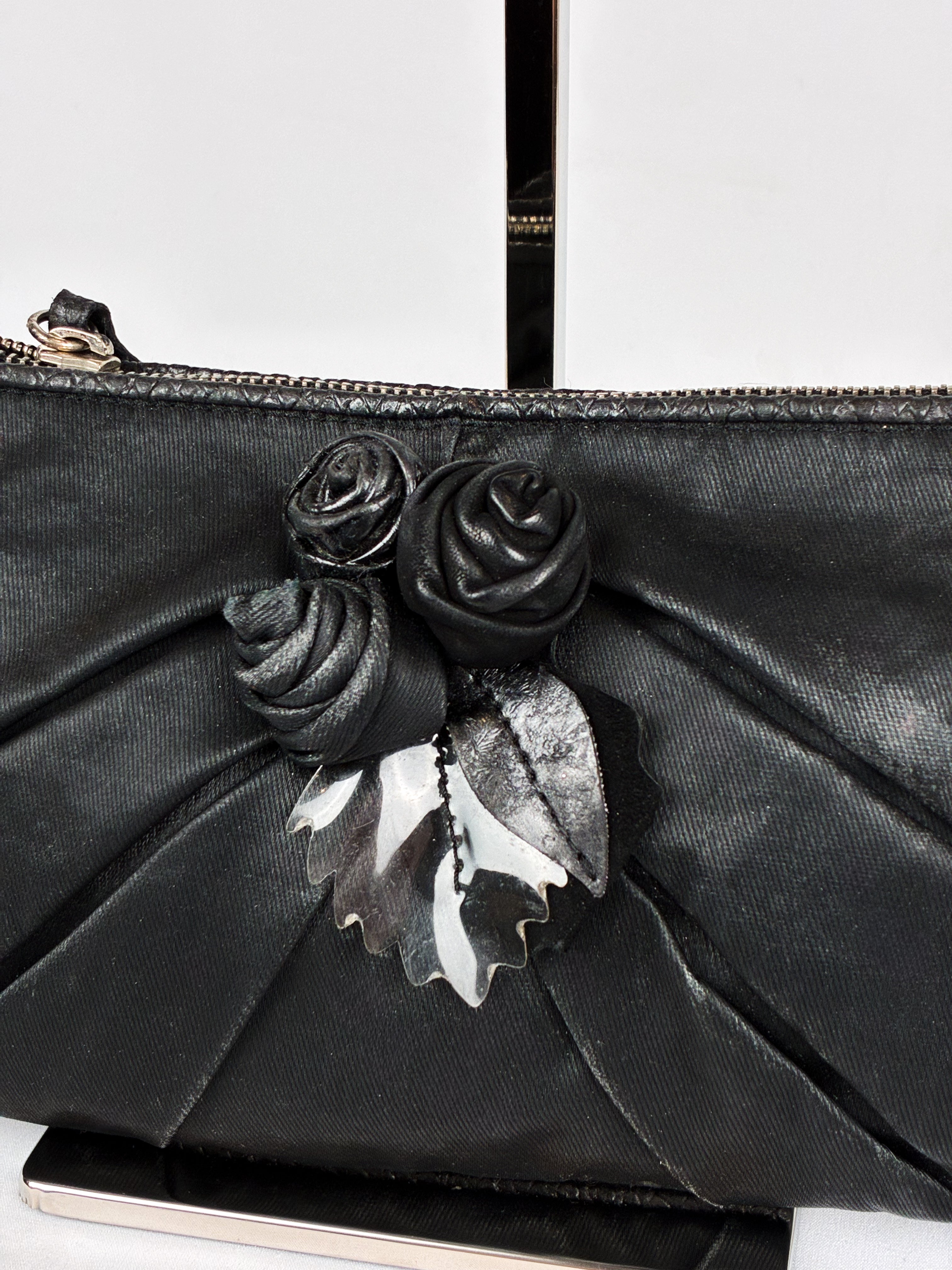 Mariella Burani 2000s Black Satin Leather Rosette Chain Shoulder Bag