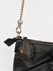 Mariella Burani 2000s Black Satin Leather Rosette Chain Shoulder Bag