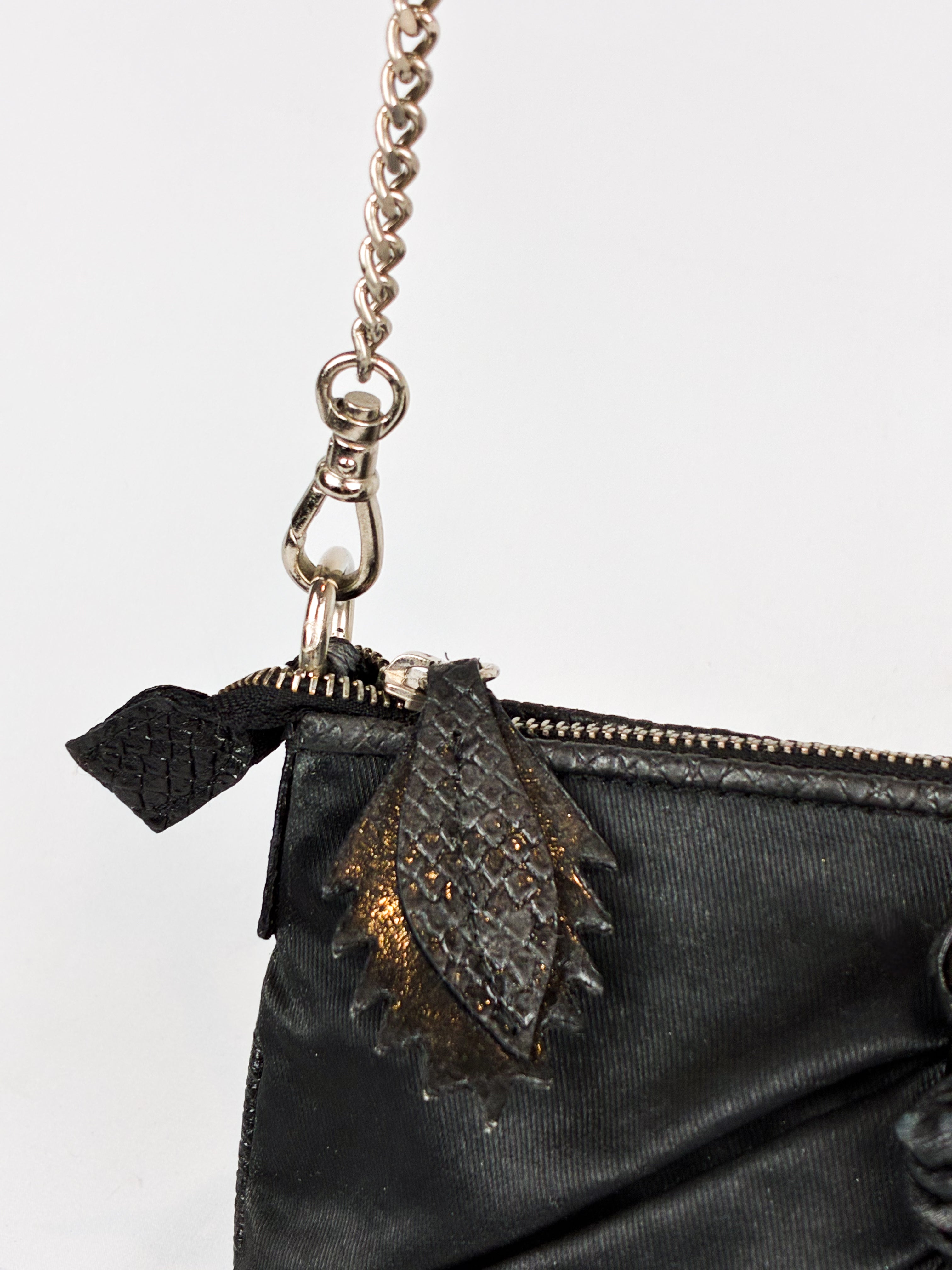 Mariella Burani 2000s Black Satin Leather Rosette Chain Shoulder Bag