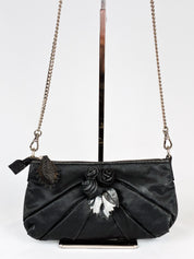Mariella Burani 2000s Black Satin Leather Rosette Chain Shoulder Bag