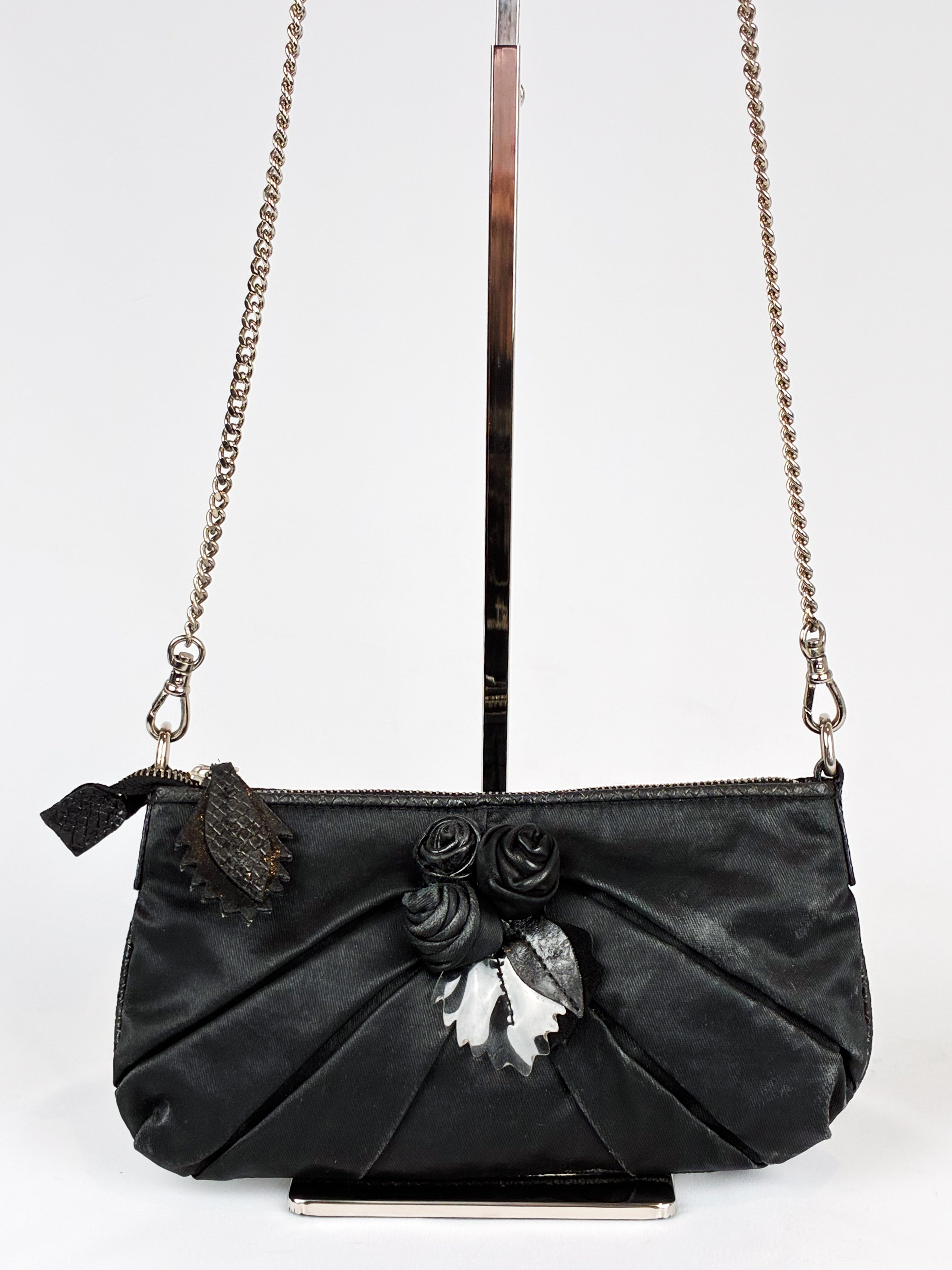Mariella Burani 2000s Black Satin Leather Rosette Chain Shoulder Bag