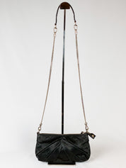 Mariella Burani 2000s Black Satin Leather Rosette Chain Shoulder Bag