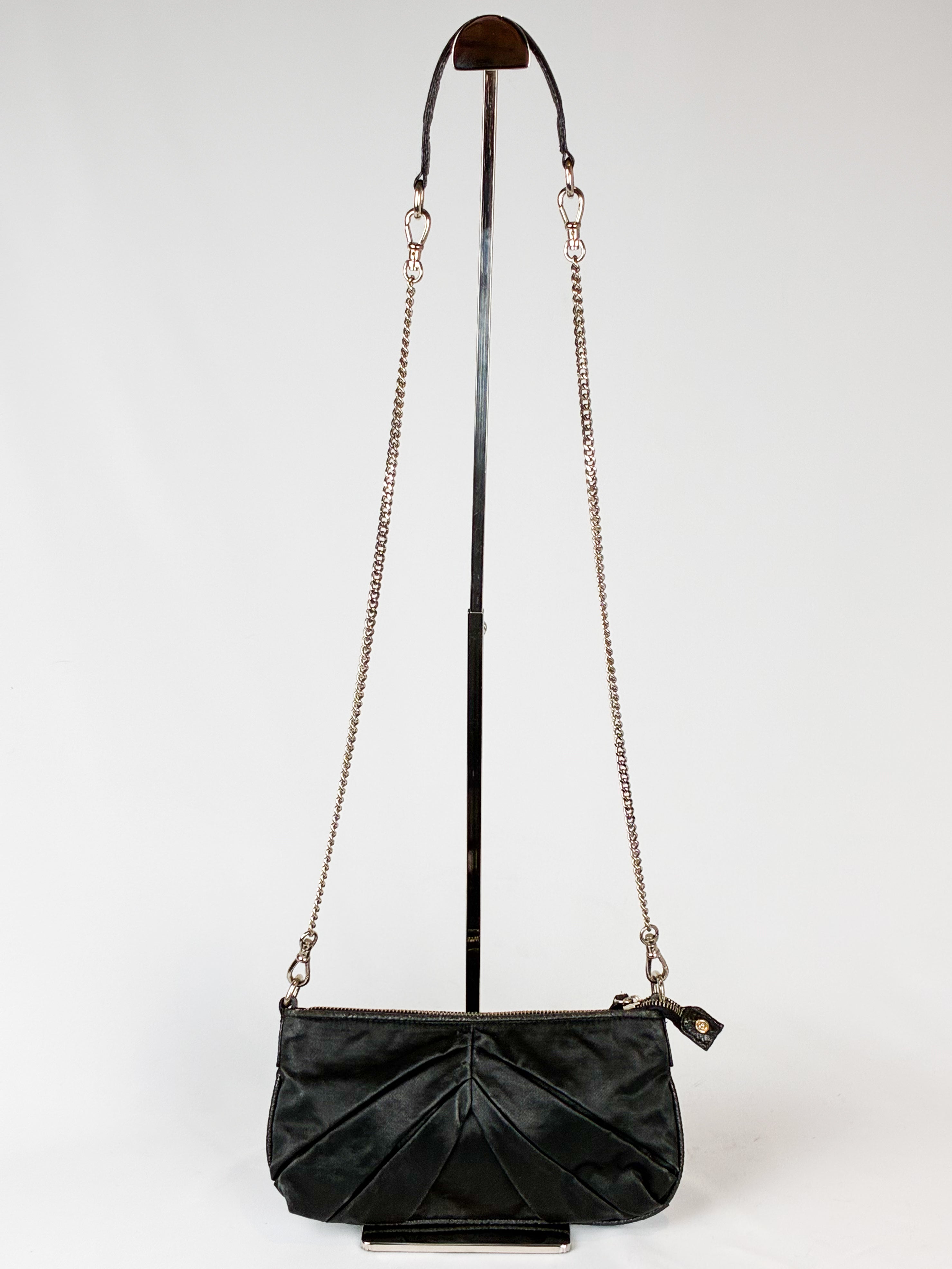 Mariella Burani 2000s Black Satin Leather Rosette Chain Shoulder Bag