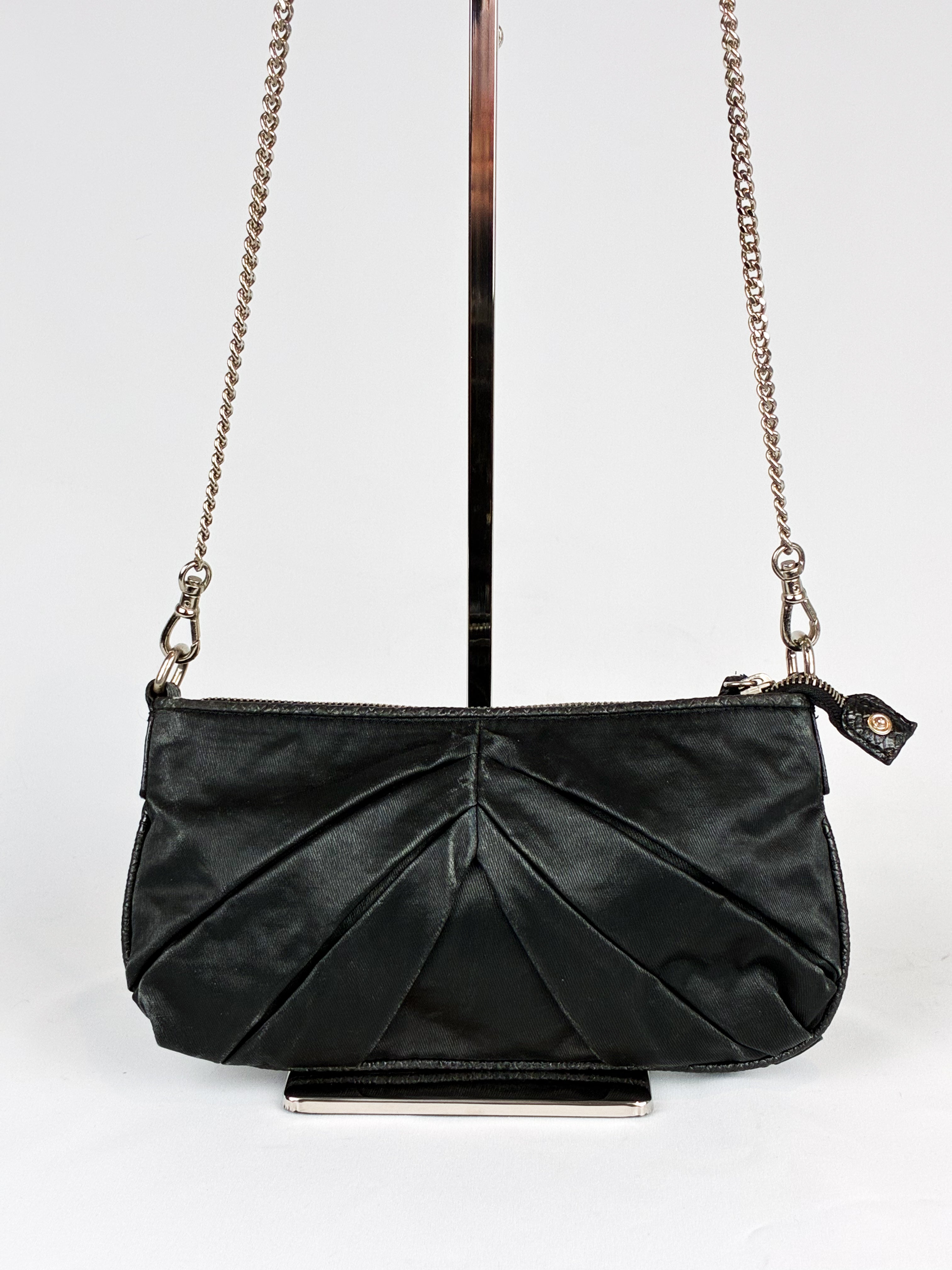 Mariella Burani 2000s Black Satin Leather Rosette Chain Shoulder Bag