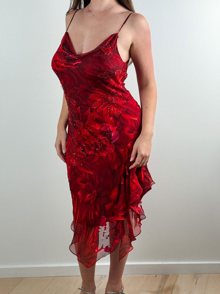 Giulia Valli 2000s Red Silk-Blend Beaded Midi Dress