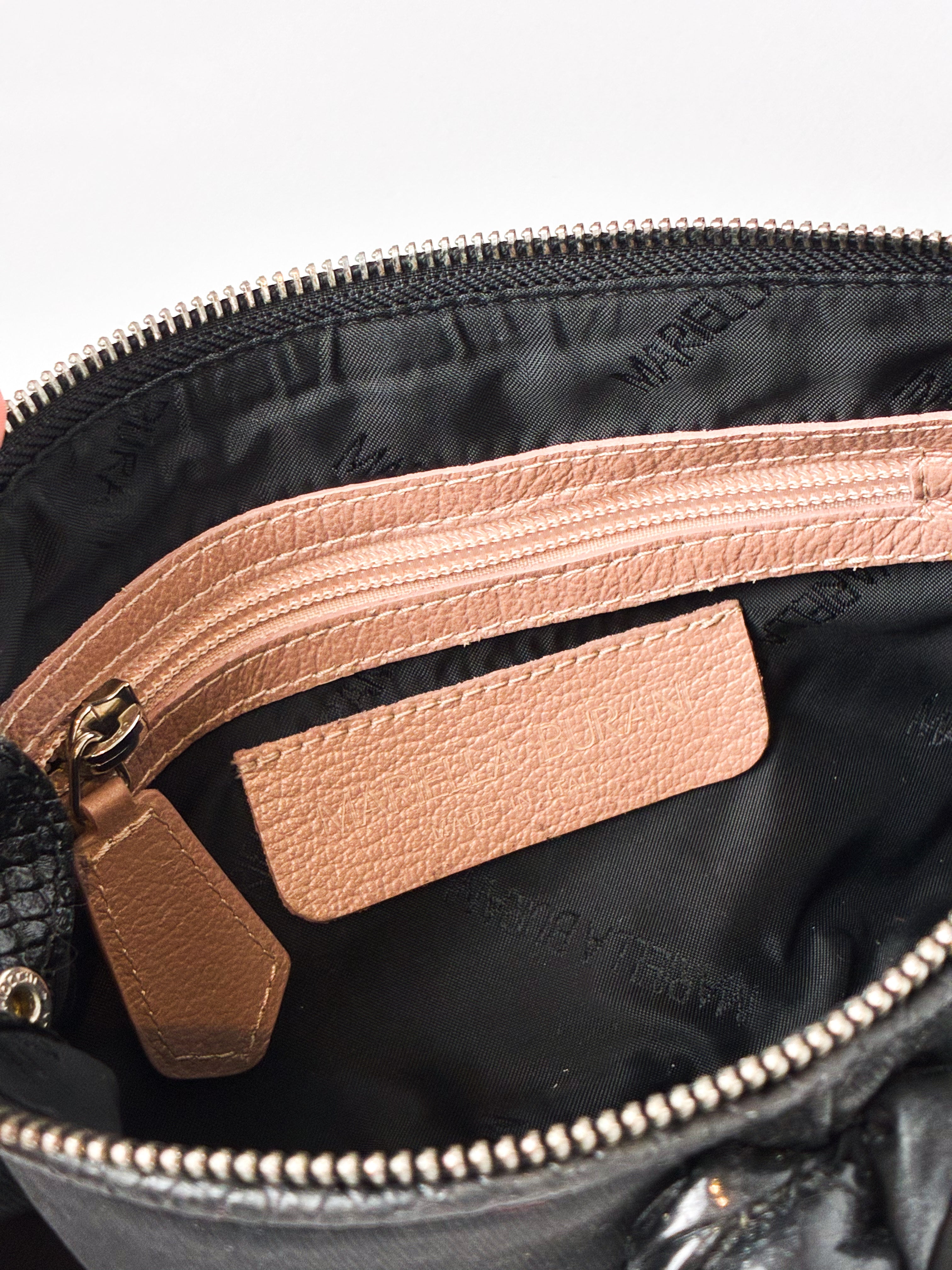 Mariella Burani 2000s Black Satin Leather Rosette Chain Shoulder Bag