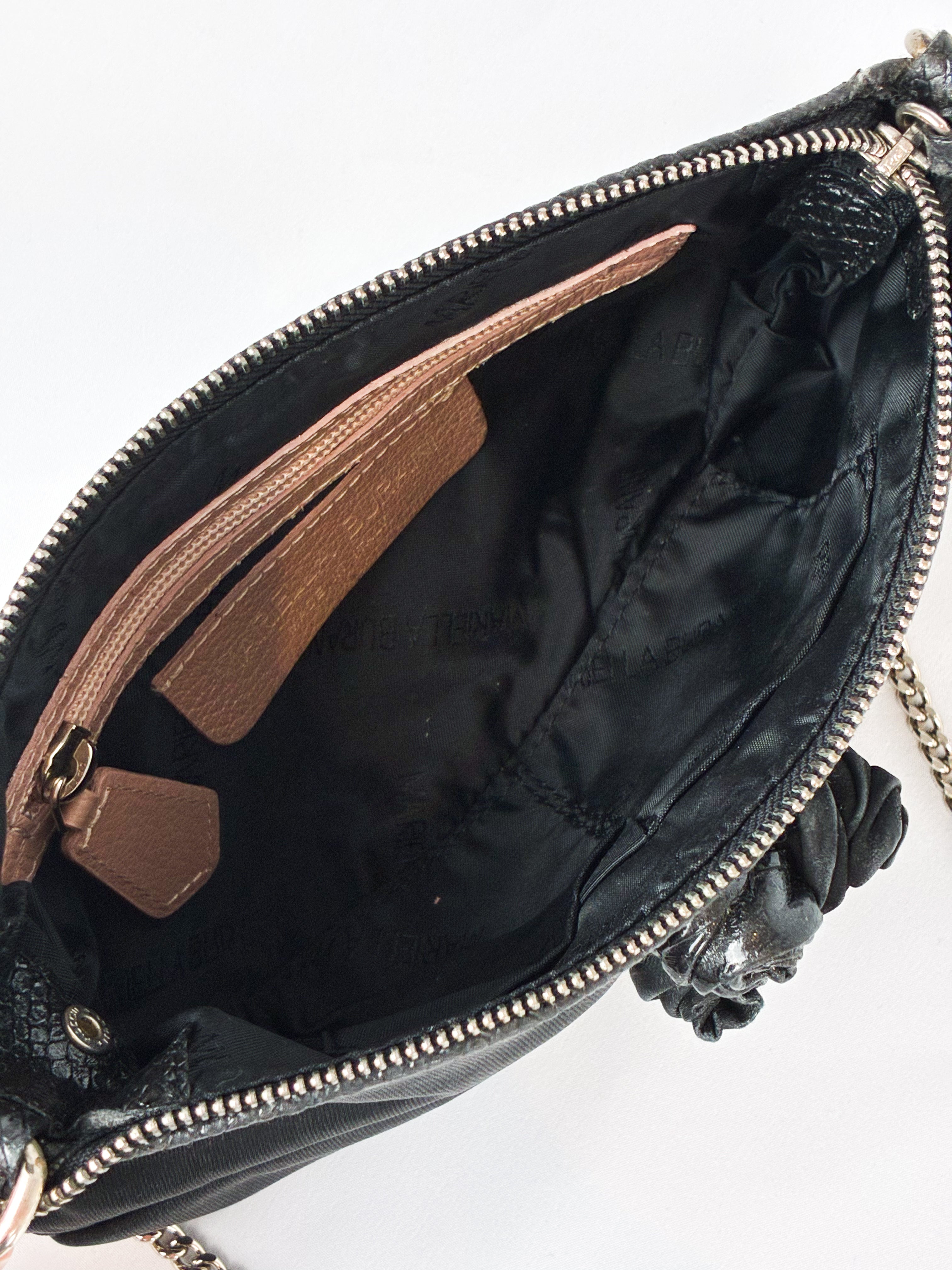 Mariella Burani 2000s Black Satin Leather Rosette Chain Shoulder Bag