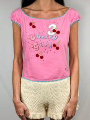 Voyage Passion 2000s Cherry Girl Rhinestone Applique Crop Top - XL