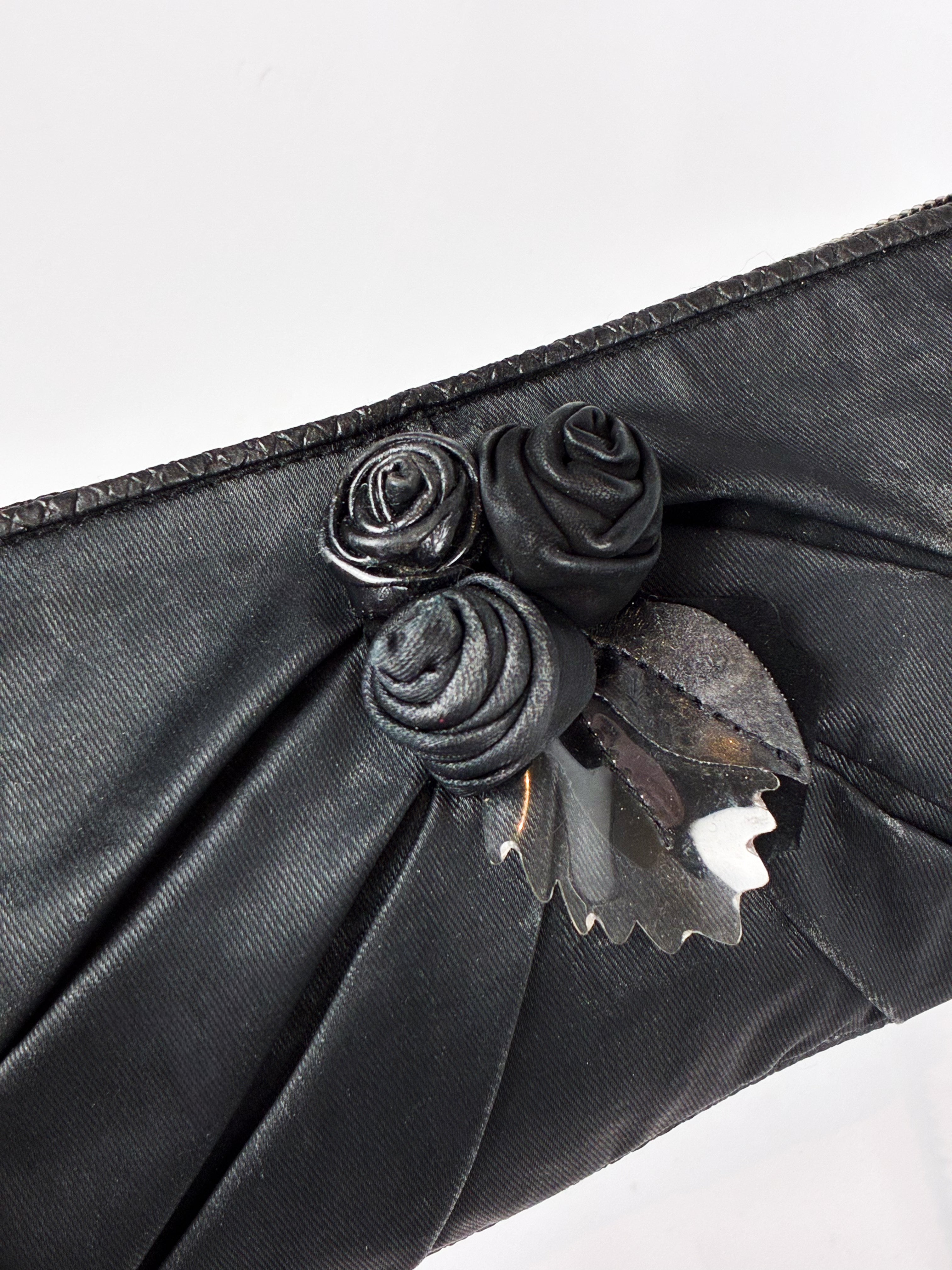 Mariella Burani 2000s Black Satin Leather Rosette Chain Shoulder Bag