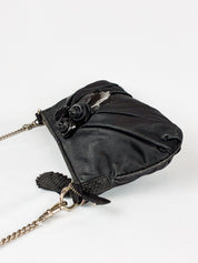 Mariella Burani 2000s Black Satin Leather Rosette Chain Shoulder Bag