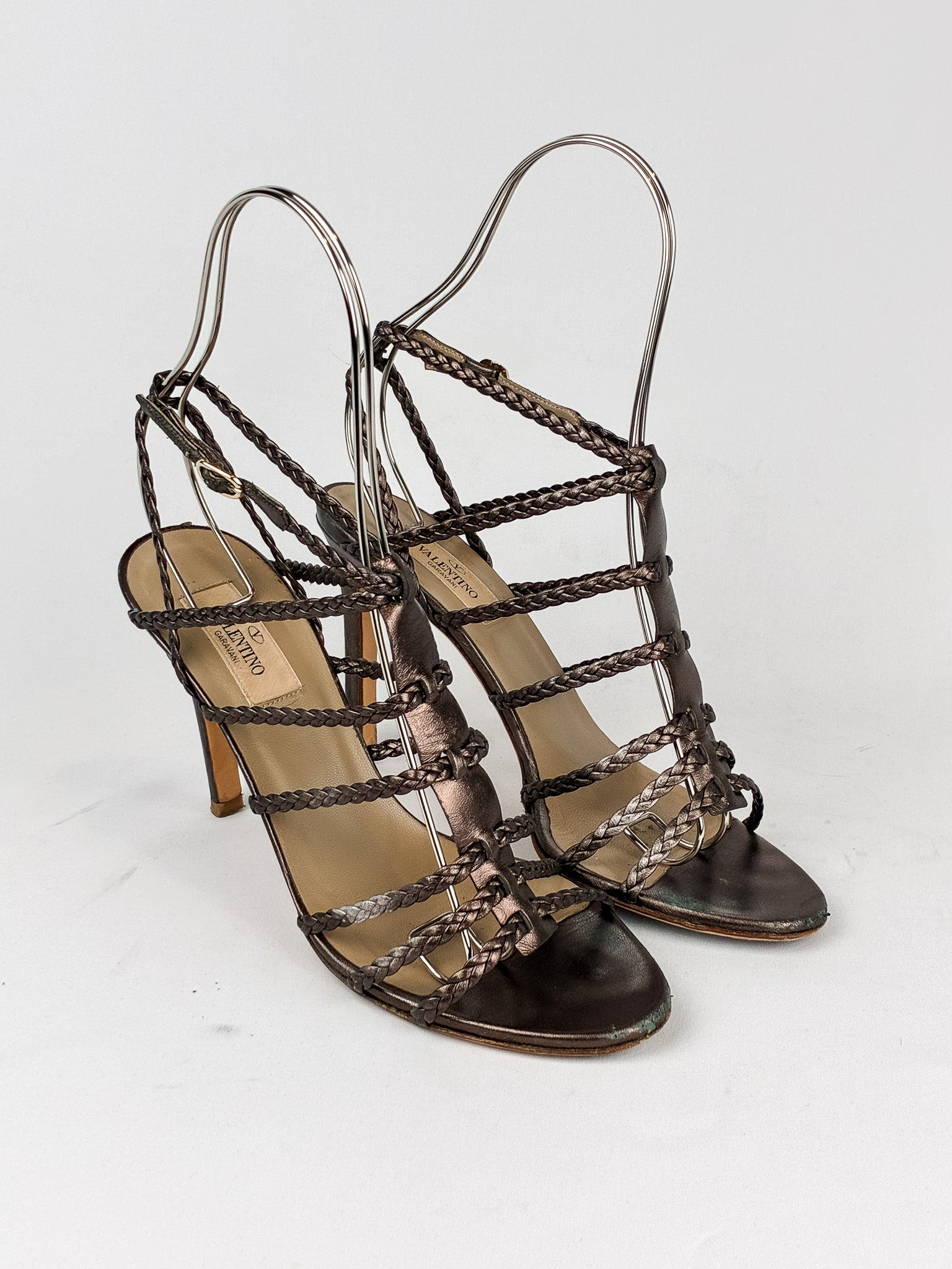 Valentino Garavani 2000s Bronze Braided Leather Cage Sandals - 38