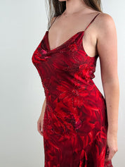 Giulia Valli 2000s Red Silk-Blend Beaded Midi Dress