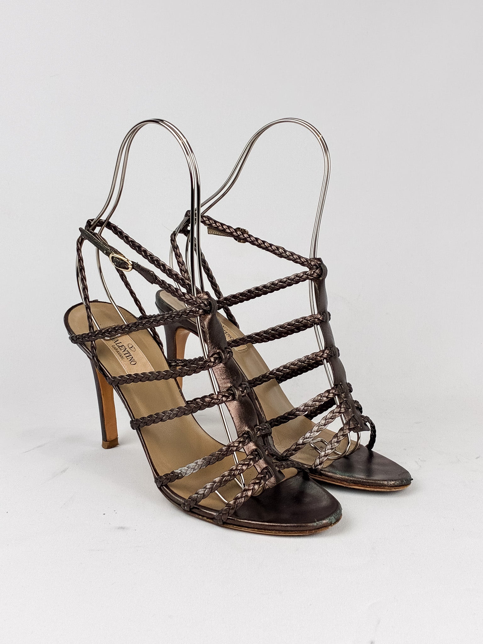 Valentino Garavani 2000s Bronze Braided Leather Cage Sandals - 38
