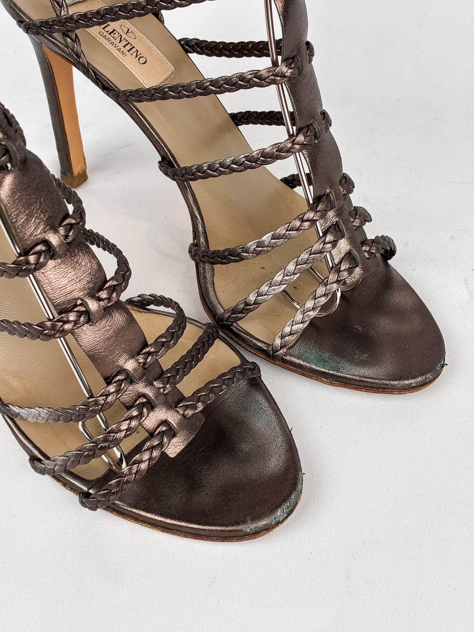 Valentino Garavani 2000s Bronze Braided Leather Cage Sandals - 38