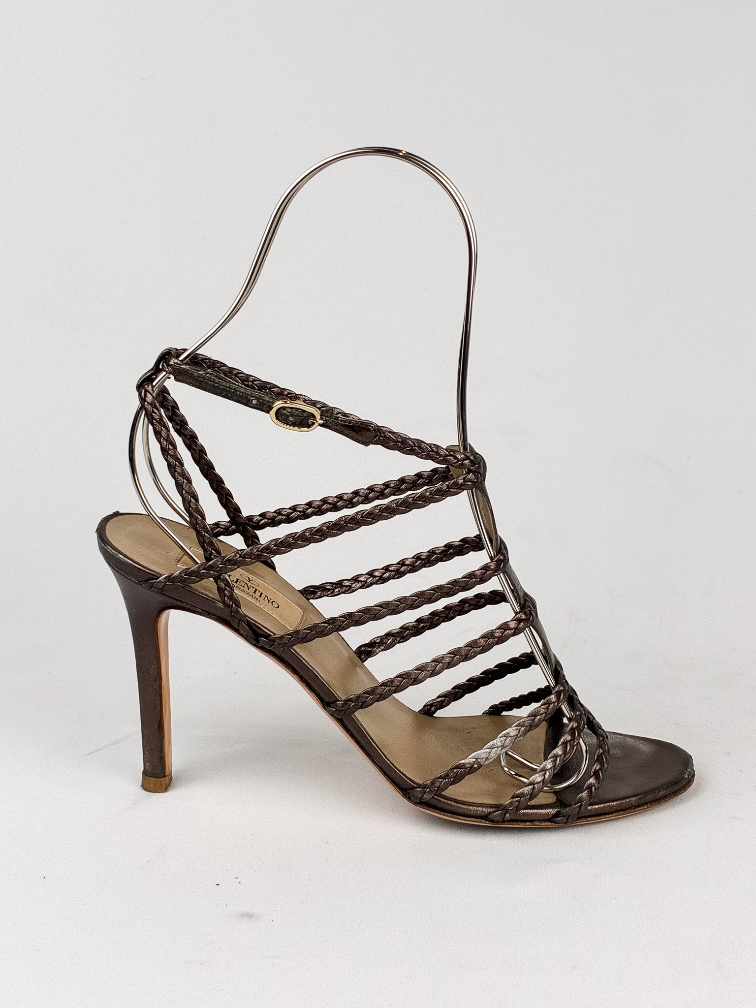 Valentino Garavani 2000s Bronze Braided Leather Cage Sandals - 38