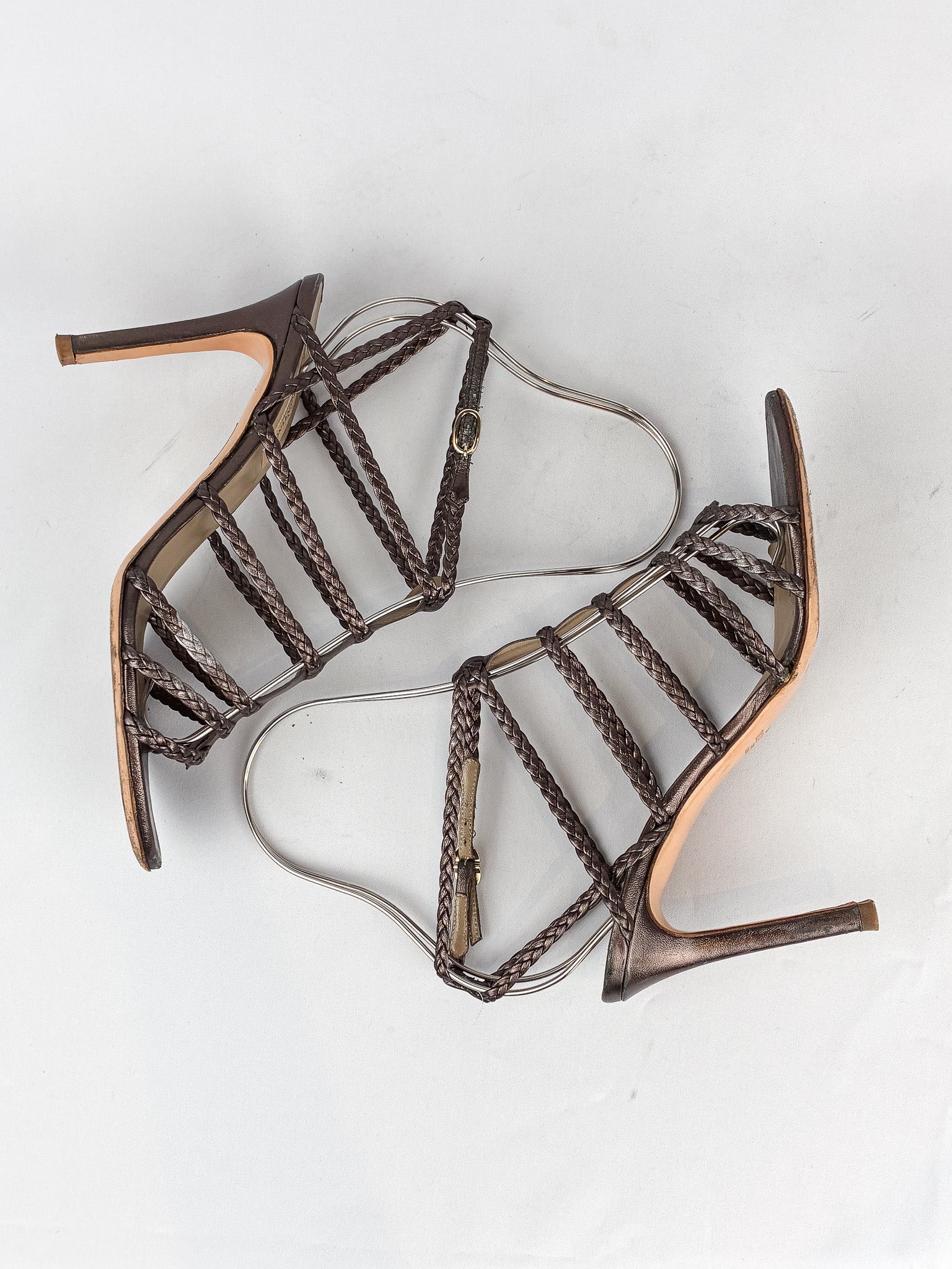 Valentino Garavani 2000s Bronze Braided Leather Cage Sandals - 38