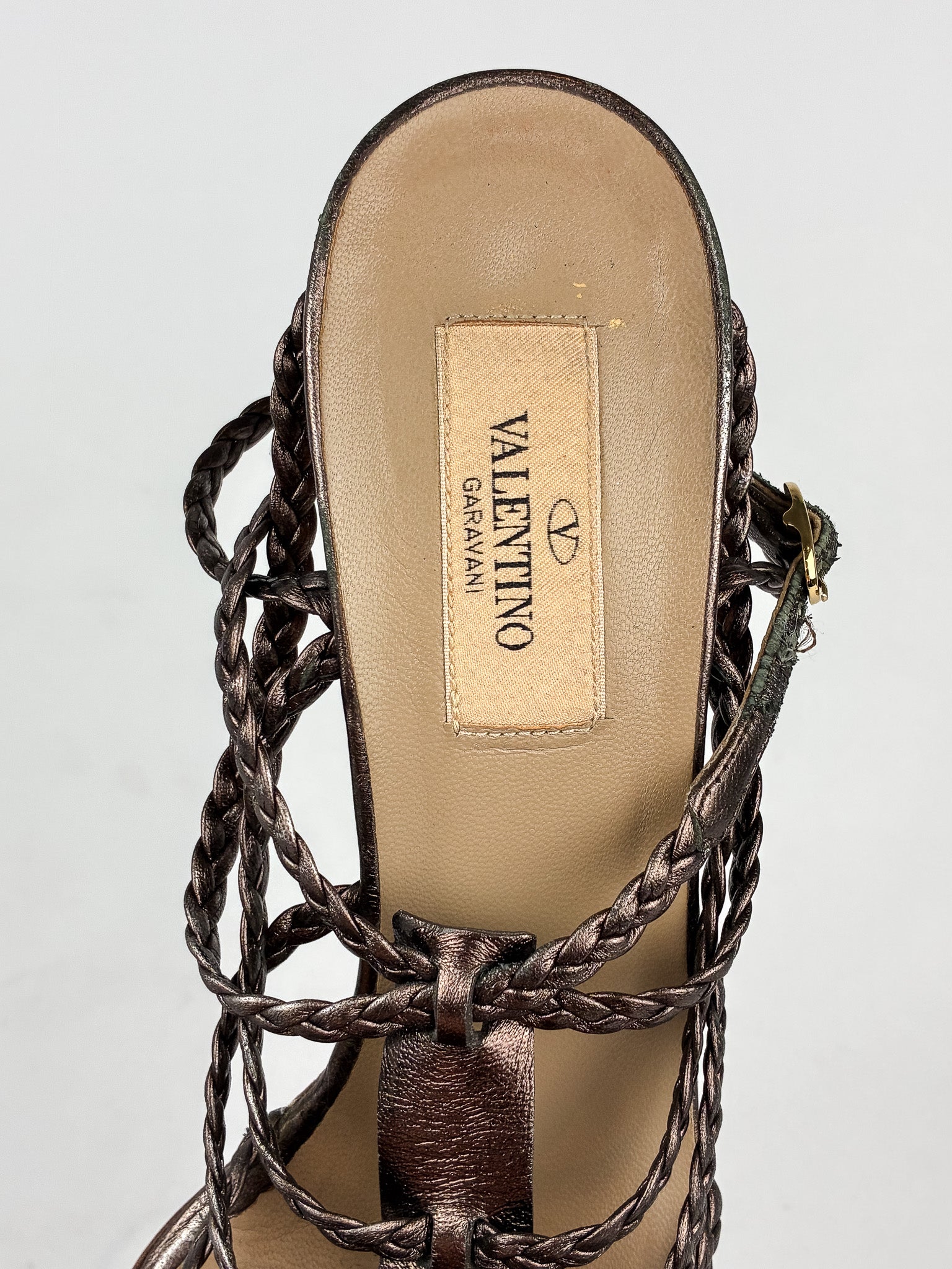 Valentino Garavani 2000s Bronze Braided Leather Cage Sandals - 38