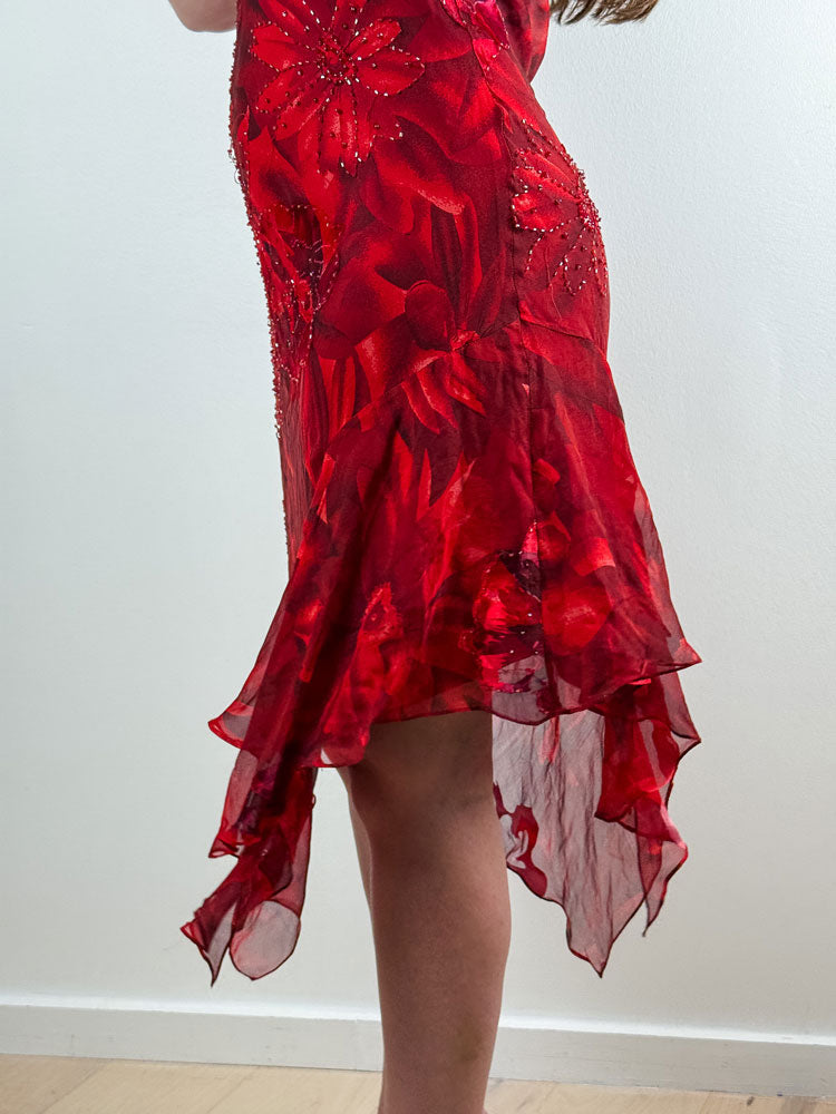 Giulia Valli 2000s Red Silk-Blend Beaded Midi Dress