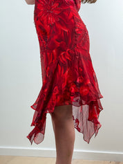 Giulia Valli 2000s Red Silk-Blend Beaded Midi Dress