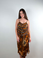 2000s Brown Silk Beaded & Sequin Midi Dress