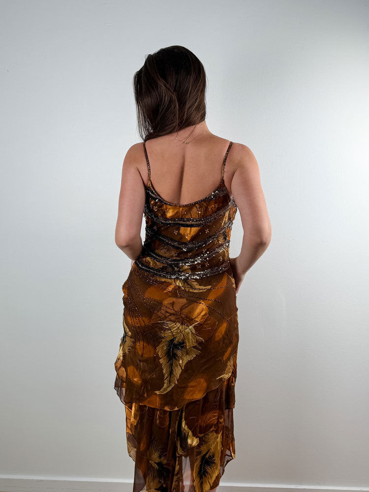 2000s Brown Silk Beaded & Sequin Midi Dress