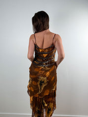 2000s Brown Silk Beaded & Sequin Midi Dress