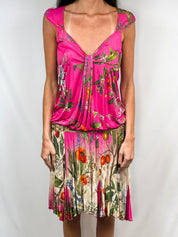 Class Roberto Cavalli 2000s Pink Floral Drop Waist Midi Dress