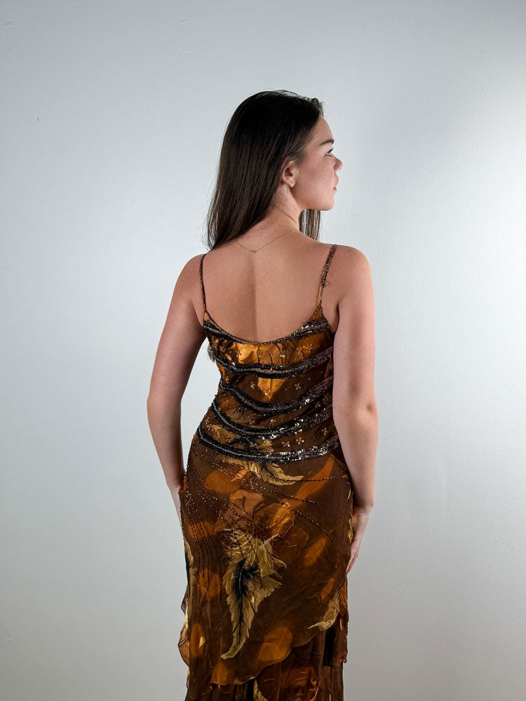 2000s Brown Silk Beaded & Sequin Midi Dress