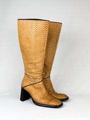Krizia 2000s Tan Snakeskin Embossed Block Heel Knee High Boots - EU 37 / US 7