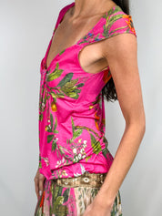Class Roberto Cavalli 2000s Pink Floral Drop Waist Midi Dress
