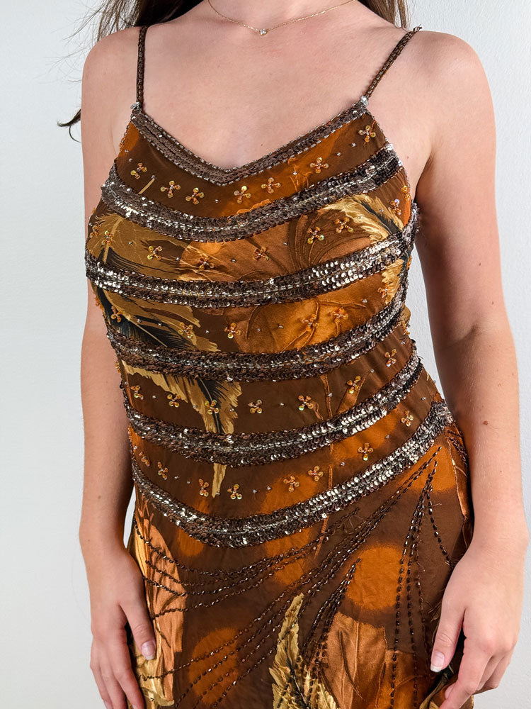 2000s Brown Silk Beaded & Sequin Midi Dress