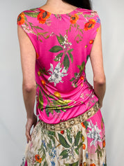 Class Roberto Cavalli 2000s Pink Floral Drop Waist Midi Dress