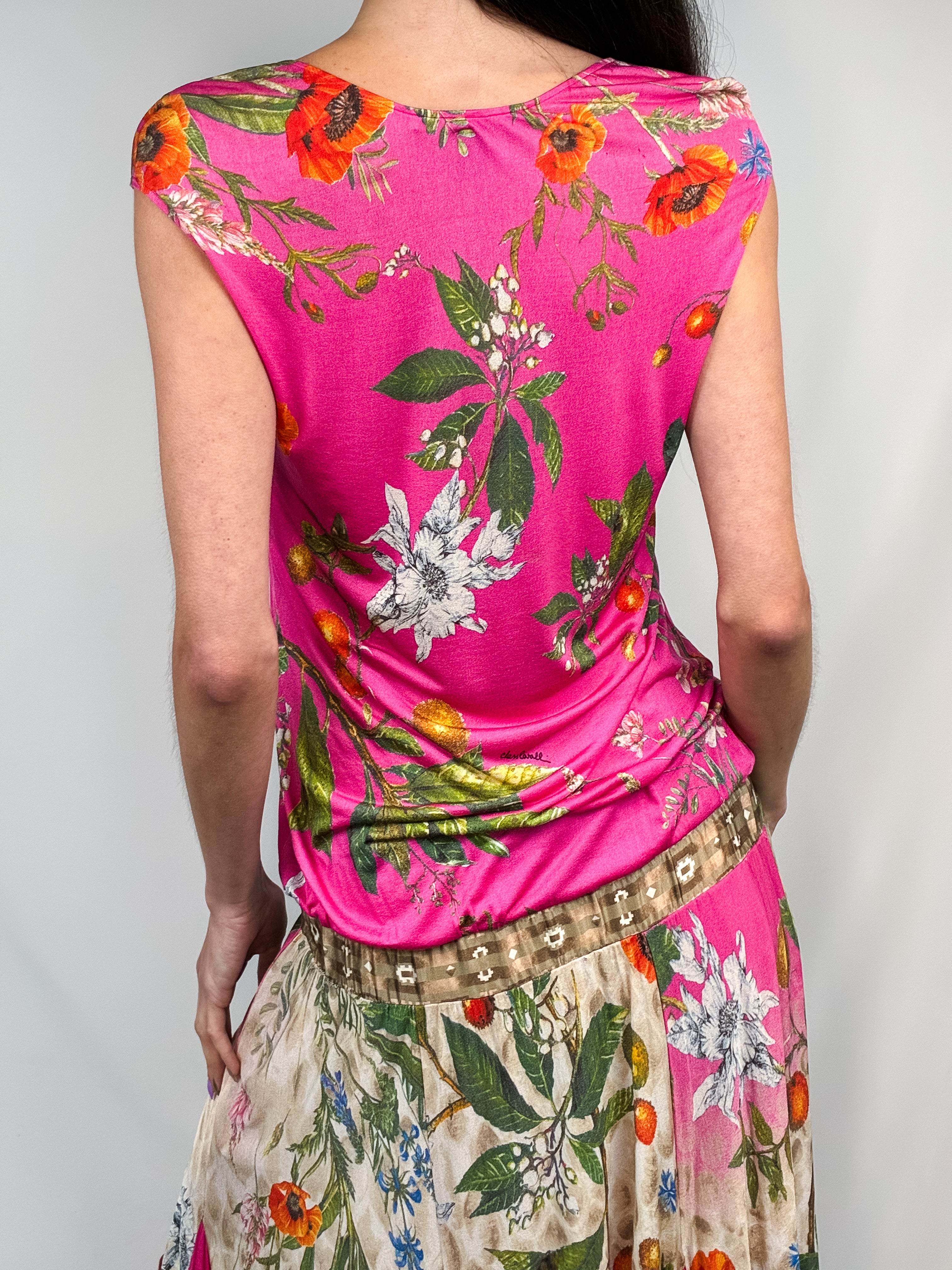 Class Roberto Cavalli 2000s Pink Floral Drop Waist Midi Dress
