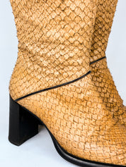 Krizia 2000s Tan Snakeskin Embossed Block Heel Knee High Boots - EU 37 / US 7